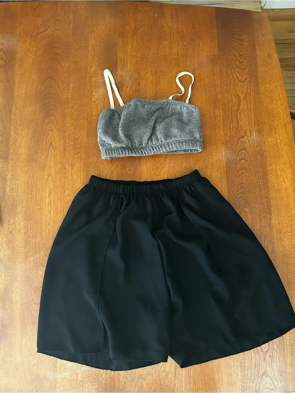 Artistic Dance Black Chiffon Split Short and Bandeau Top with Nude Straps. AS